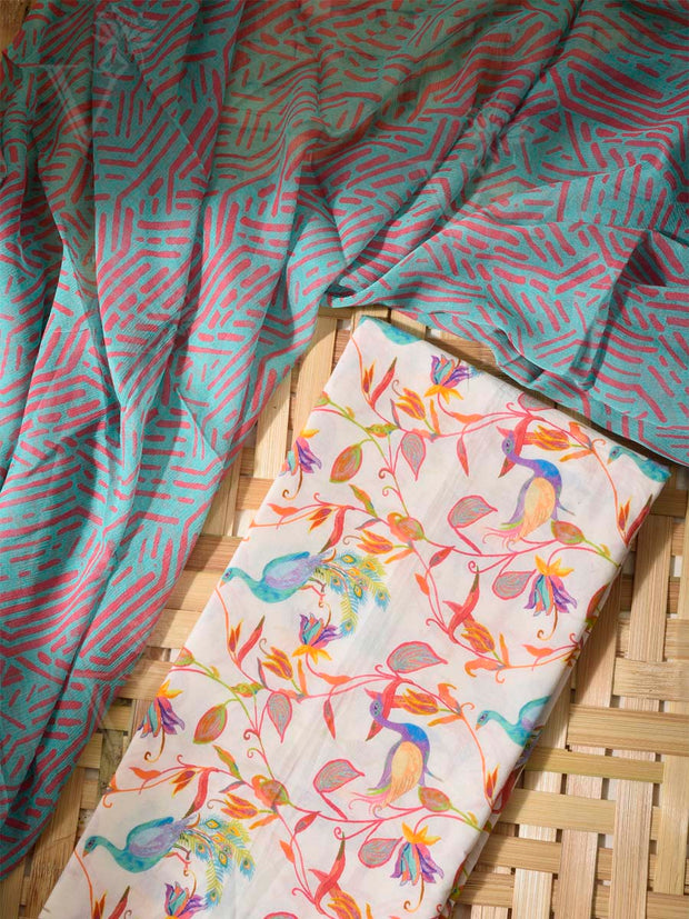 White and Blue Cotton Dress Material
