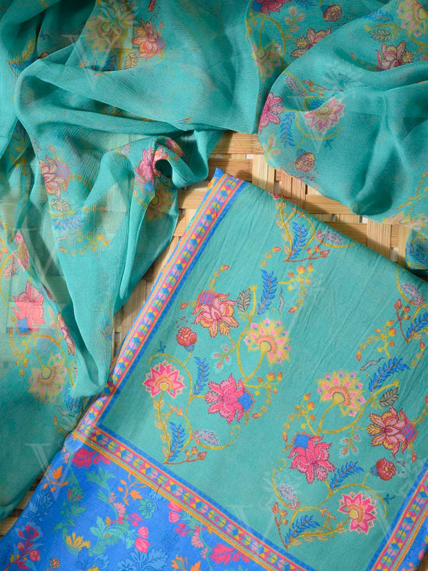 Blue and Green Cotton Silk Dress Material
