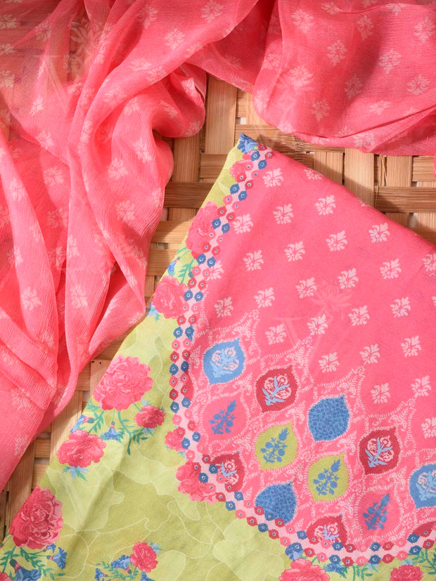Green and Pink Cotton Silk Dress Material