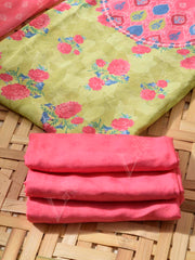 Green and Pink Cotton Silk Dress Material