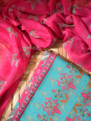 Pink and Blue Cotton Silk Dress Material