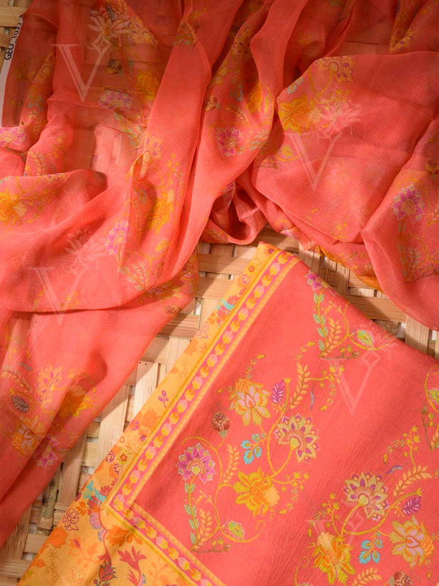 Peach and Yellow Cotton Silk Dress Material