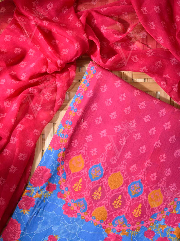 Blue and Pink Cotton Silk Dress Material