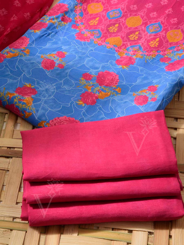Blue and Pink Cotton Silk Dress Material