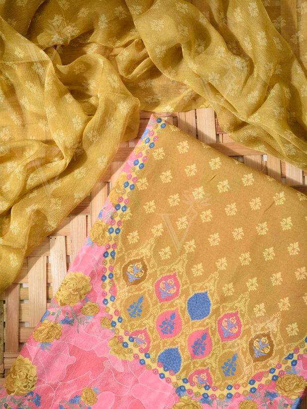 Green and Pink Cotton Silk Dress Material