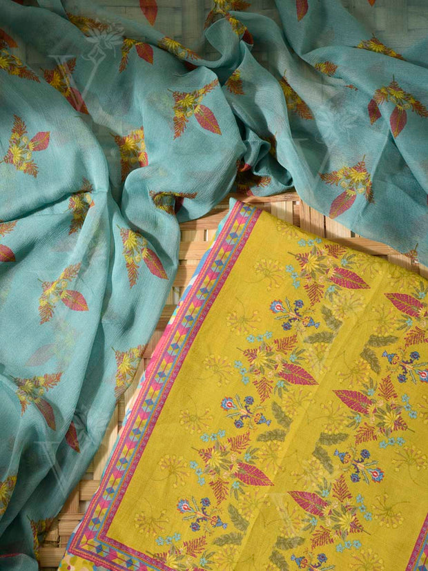 Blue and Green Cotton Silk Dress Material