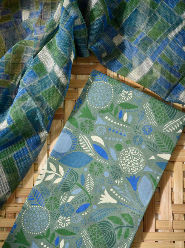 Green and Blue Cotton Dress Material