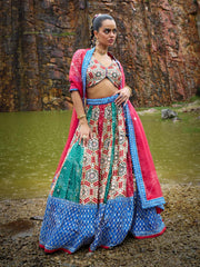 Red and Blue Gota Patti Vasansi Silk Lehenga Set