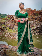 Green, Pure Gajji Silk, Embroided, Saree
