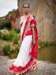 Red and White Gajji Silk Embroided Saree