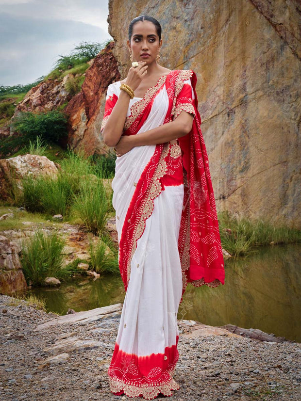 Red and White Gajji Silk Embroided Saree