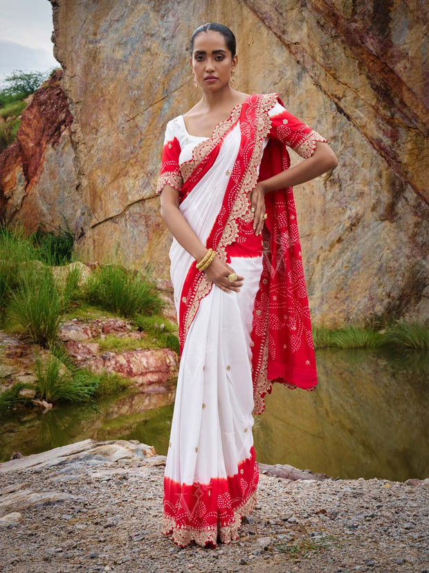 Red , White, Gajji Silk, Embroided, Saree