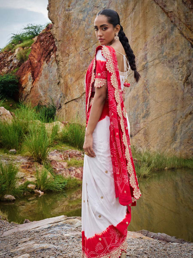 Red and White Gajji Silk Embroided Saree