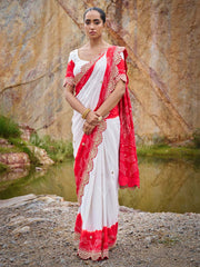 Red , White, Gajji Silk, Embroided, Saree