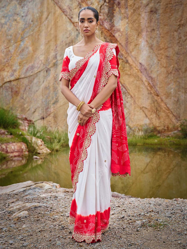 Red , White, Gajji Silk, Embroided, Saree