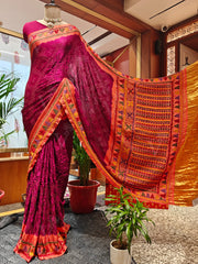 Wine Bandhani Saree with Katha Work on Pallu – Gajji Silk, Handmade Tie & Dye (Handloom)