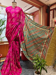 Pink Bandhani Saree with Katha Work – Gajji Silk, Handmade Tie & Dye (Handloom)