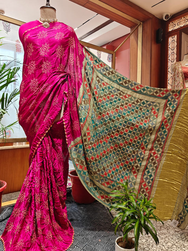 Pink Bandhani Saree with Katha Work – Gajji Silk, Handmade Tie & Dye (Handloom)