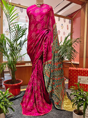 Pink Bandhani Saree with Katha Work – Gajji Silk, Handmade Tie & Dye (Handloom)