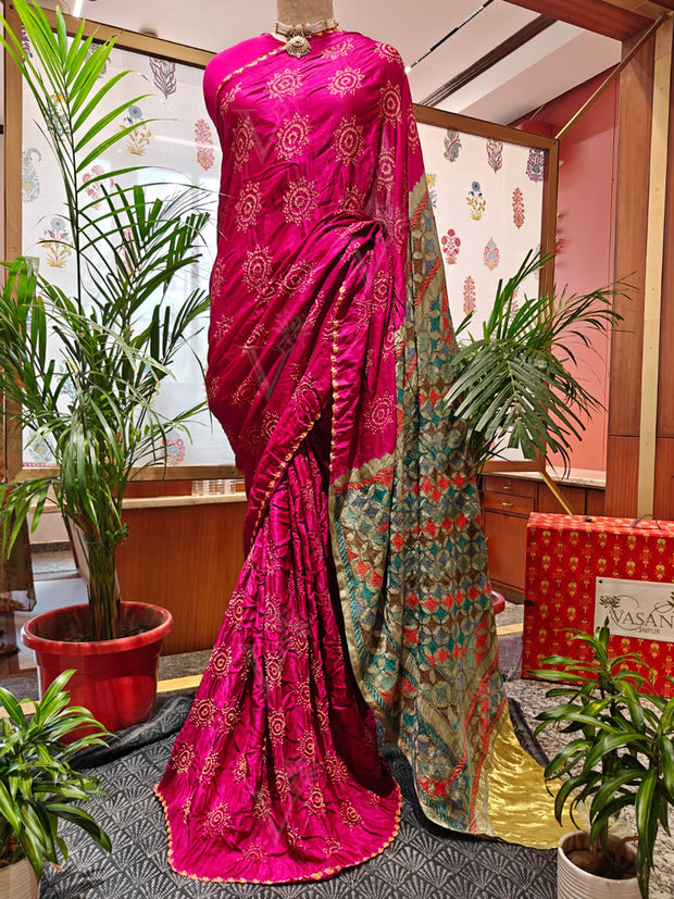Pink Bandhani Saree with Katha Work – Gajji Silk, Handmade Tie & Dye (Handloom)