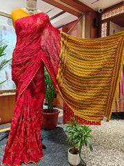 Red Bandhani Saree with Katha Work – Gajji Silk, Handmade Tie & Dye (Handloom)