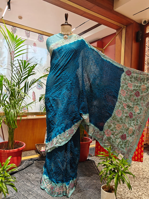 Blue Bandhani Saree with Kantha Work – Munga Silk, Handmade Tie & Dye (Handloom)