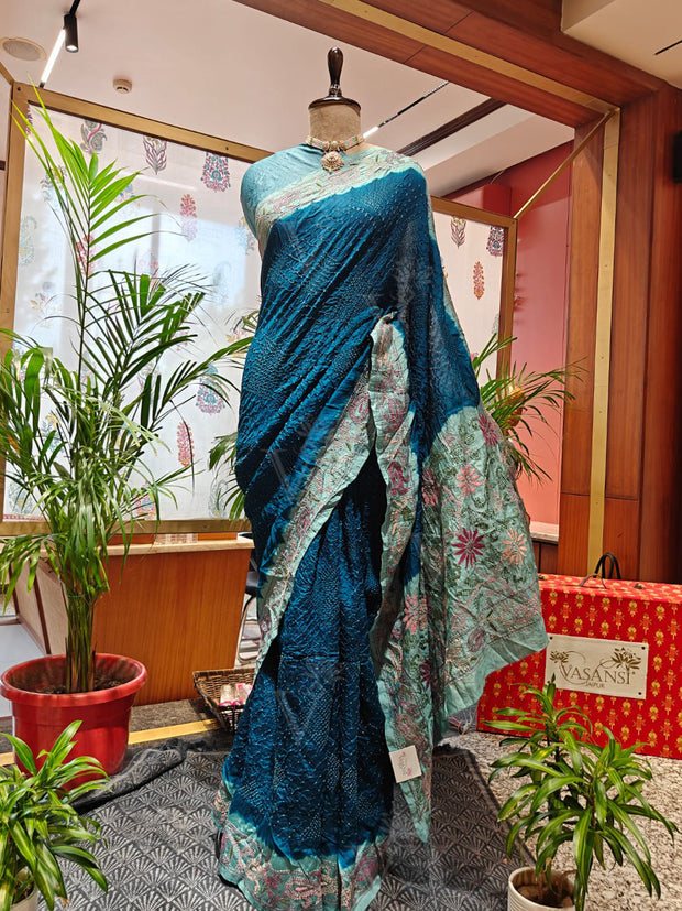 Blue Bandhani Saree with Kantha Work – Munga Silk, Handmade Tie & Dye (Handloom)