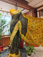 Deep Olive Bandhani Saree with Katha Work – Gajji Silk, Handmade Tie & Dye (Handloom)