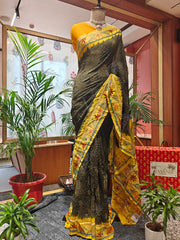 Deep Olive Bandhani Saree with Katha Work – Gajji Silk, Handmade Tie & Dye (Handloom)