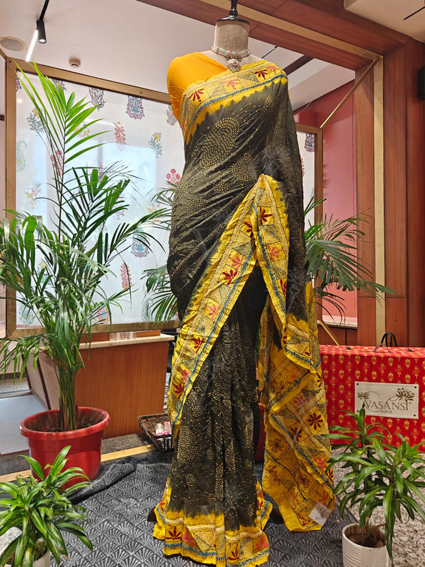 Deep Olive Bandhani Saree with Katha Work – Gajji Silk, Handmade Tie & Dye (Handloom)