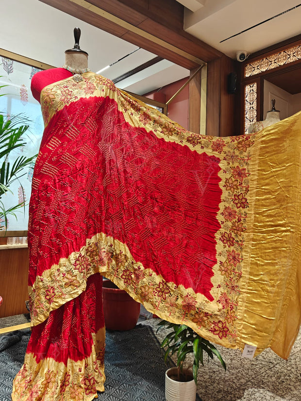 Red Bandhani Saree with Kantha Work – Gajji Silk, Handmade Tie & Dye (Handloom)