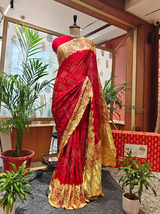 Red Bandhani Saree with Kantha Work – Gajji Silk, Handmade Tie & Dye (Handloom)