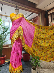Pink Bandhani Saree with Kantha Work – Gajji Silk, Handmade Tie & Dye (Handloom)