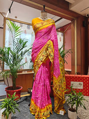 Pink Bandhani Saree with Kantha Work – Gajji Silk, Handmade Tie & Dye (Handloom)