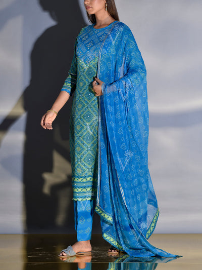 Blue and Green Vasansi Silk Printed Suit Set
