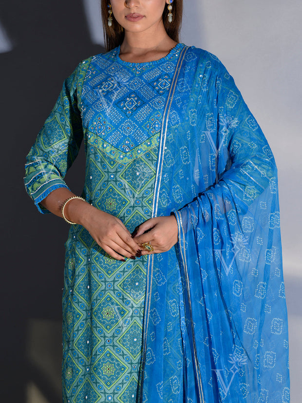 Blue and Green Vasansi Silk Printed Suit Set
