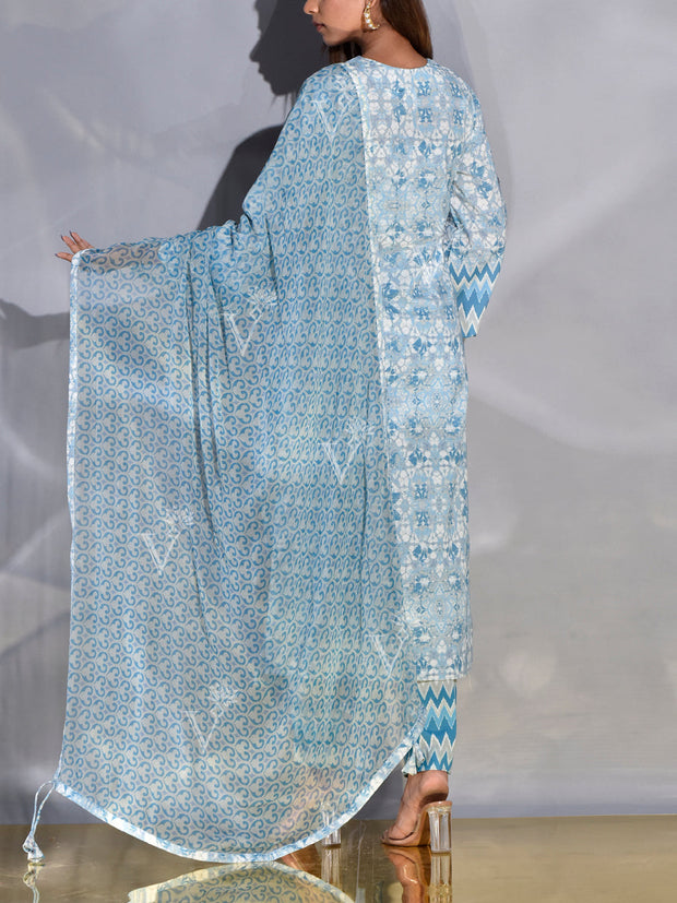 Blue Cotton Printed Suit Set