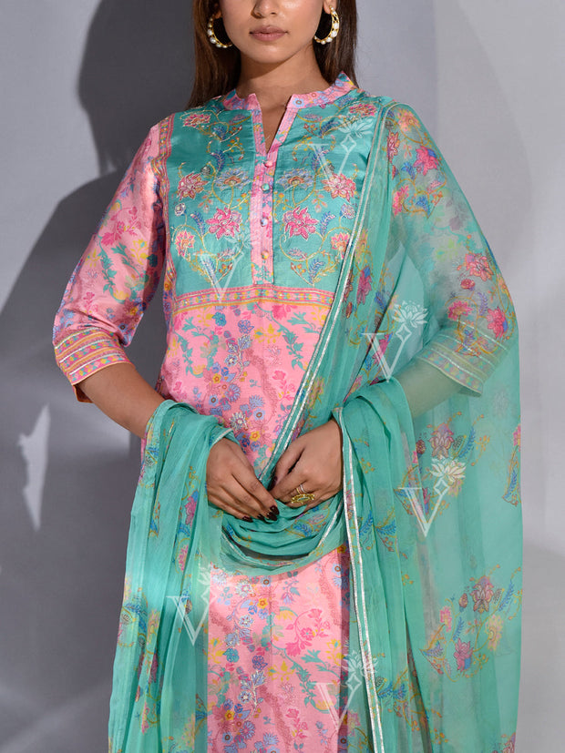 Pink and Green Vasansi Silk Suit Set
