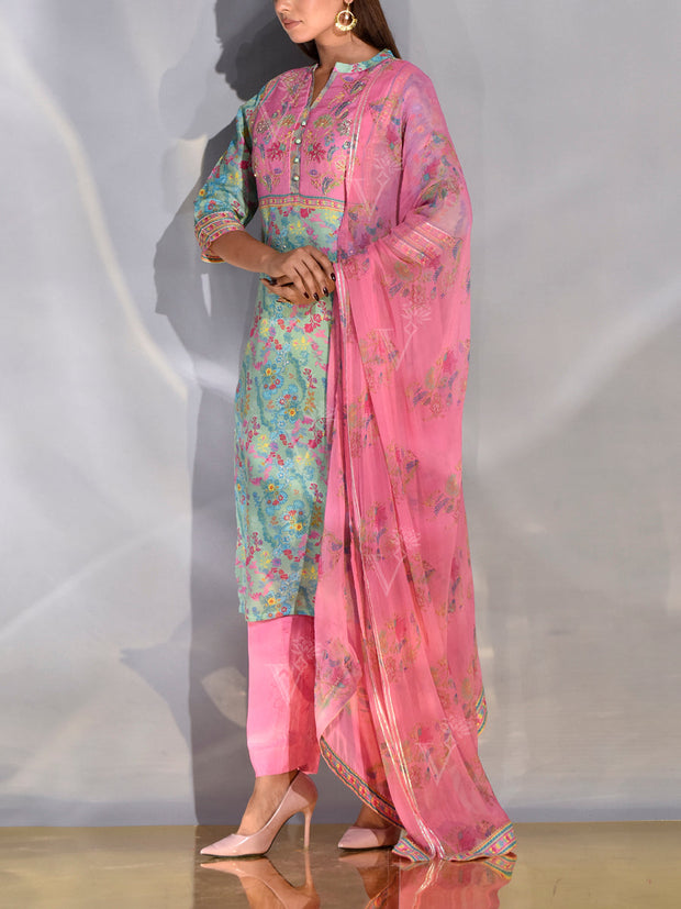 Pink and Green Vasansi Silk Suit Set