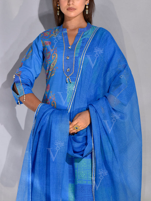 Blue Cotton Printed Suit Set