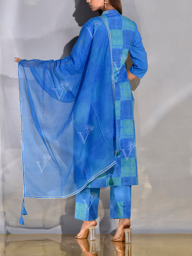 Blue Cotton Printed Suit Set