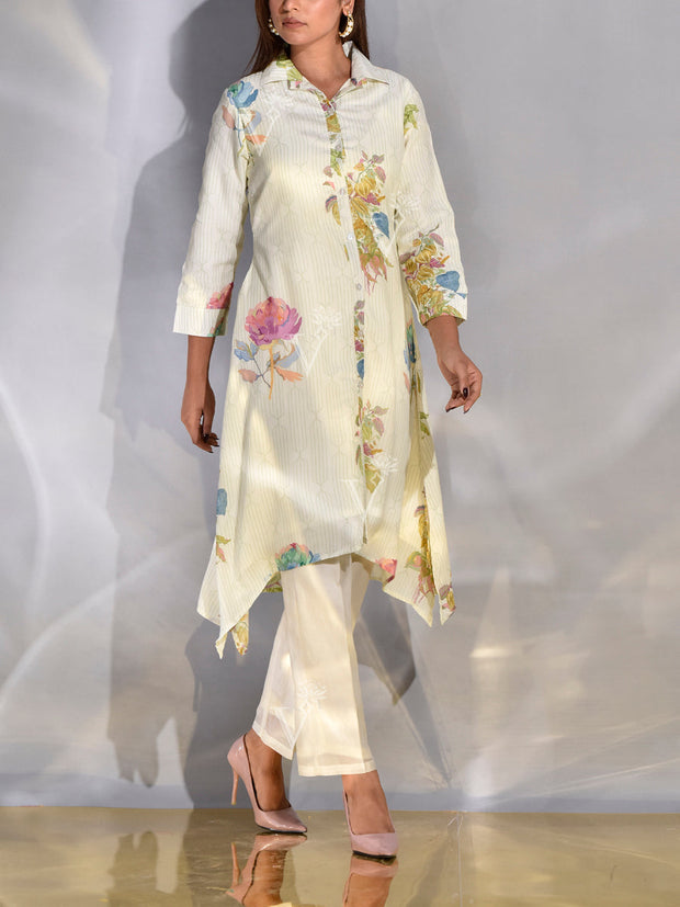 Off-White Vasansi Silk Printed Kurta
