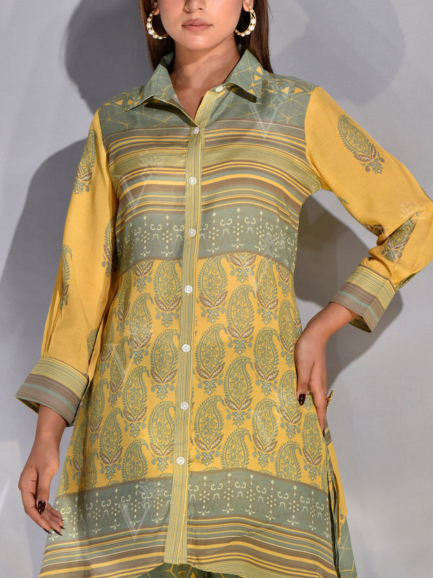 Green and Yellow Vasansi Silk Printed Co Ord Set