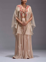 RK, DD35, MTO, Beige, Brown, Embroidered Cape and Palazzo Set , cape set , jacket set , palazzo set