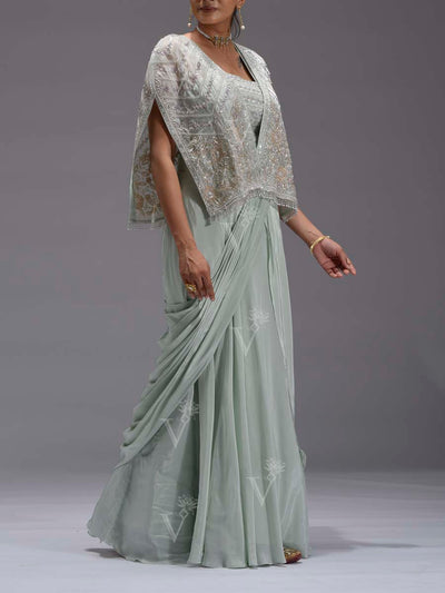 Baby Blue Embroidered Tissue Drape Saree