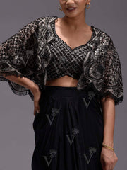 Black Embroidered Tissue Drape Skirt Set