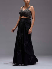 Black Embroidered Tissue Drape Skirt Set
