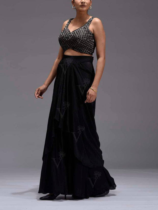 Black Embroidered Tissue Drape Skirt Set