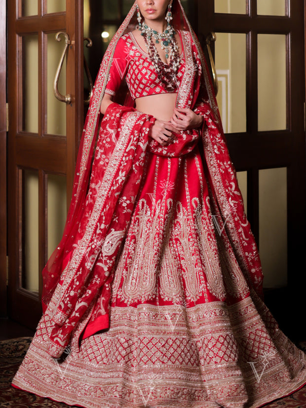 Red Raw Silk Lehenga Set