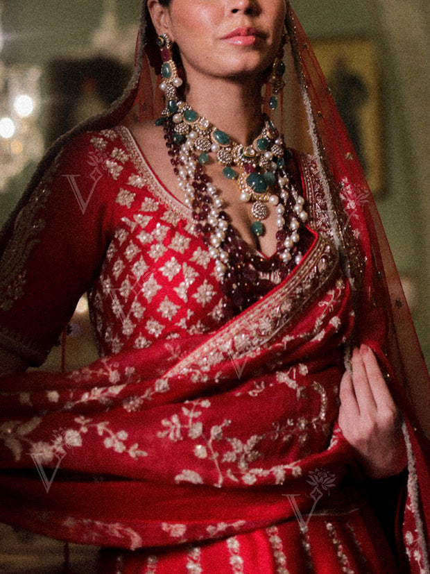 Red Raw Silk Lehenga Set